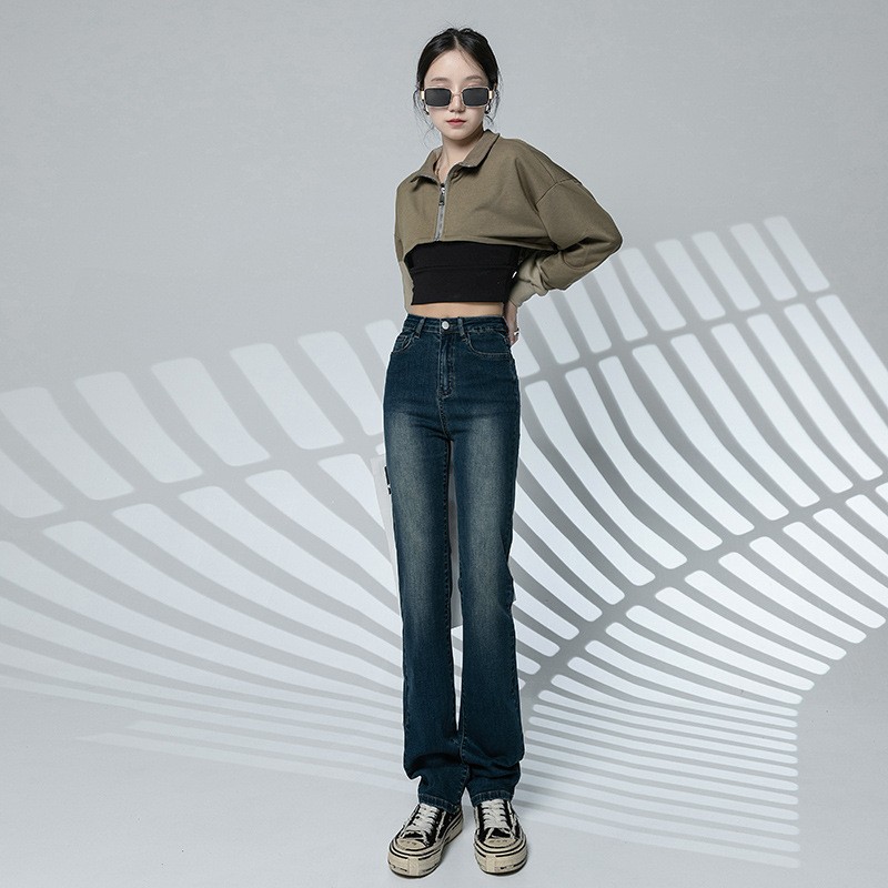Straight leg jeans women spring and autumn wash blue small narrow version of wide leg pants