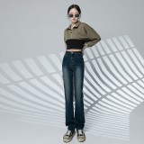 Straight leg jeans women spring and autumn wash blue small narrow version of wide leg pants