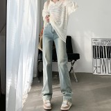 Straight leg jeans women spring and autumn wash blue small narrow version of wide leg pants
