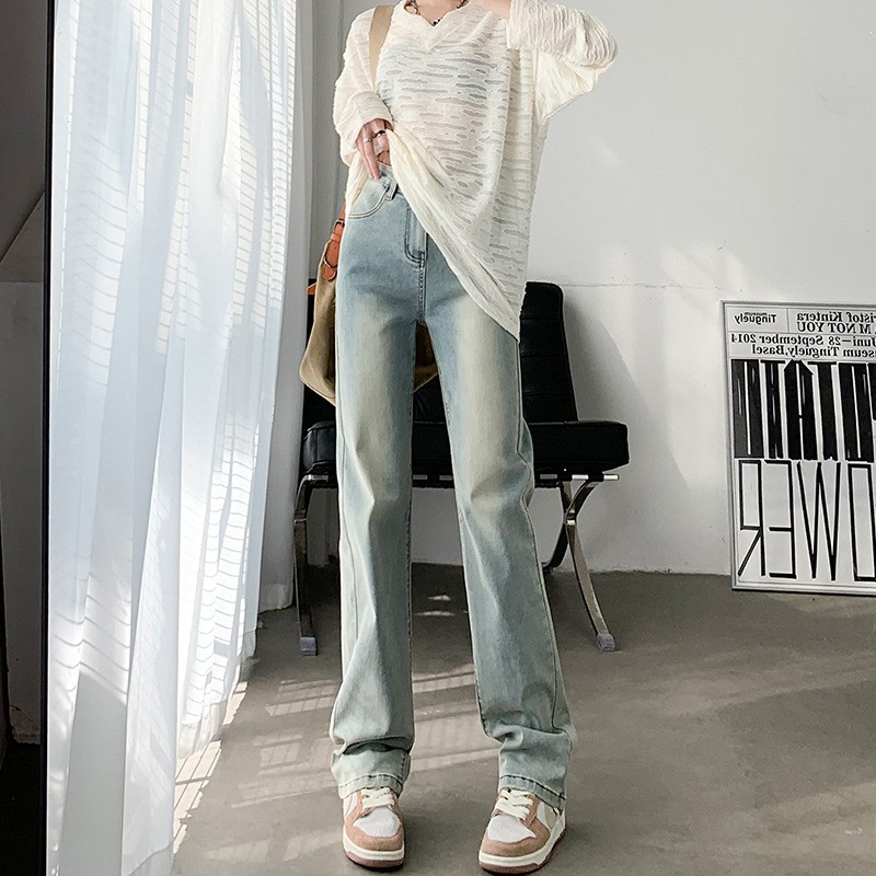 Straight leg jeans women spring and autumn wash blue small narrow version of wide leg pants