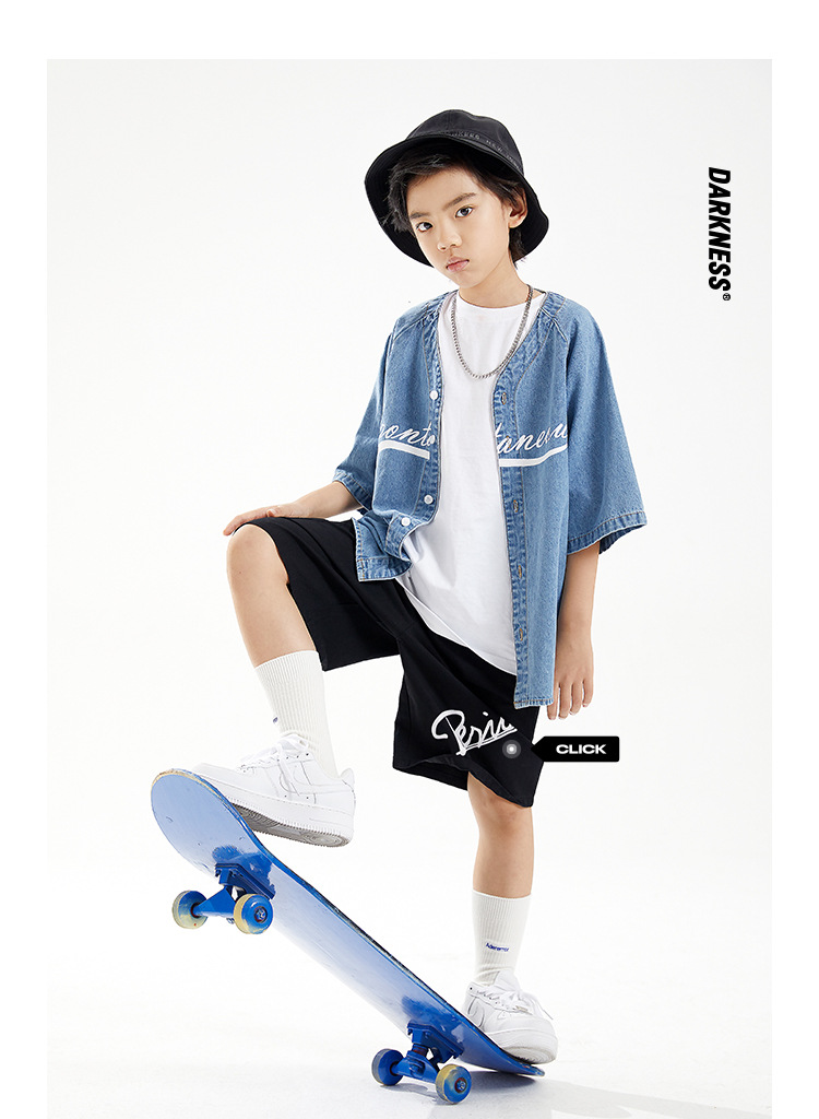 Trendy summer new boys’ short-sleeved denim baseball uniform loose children’s soft denim shirt middle and big children’s thin section