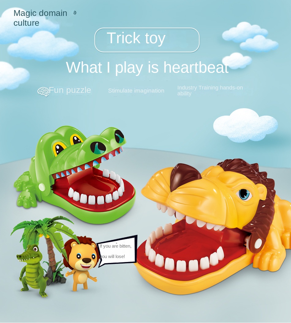Tricky toys, finger biting, big mouth, crocodile, shark, vicious dog pulling teeth, spoofing pirates, bucket and sword parent-child interaction