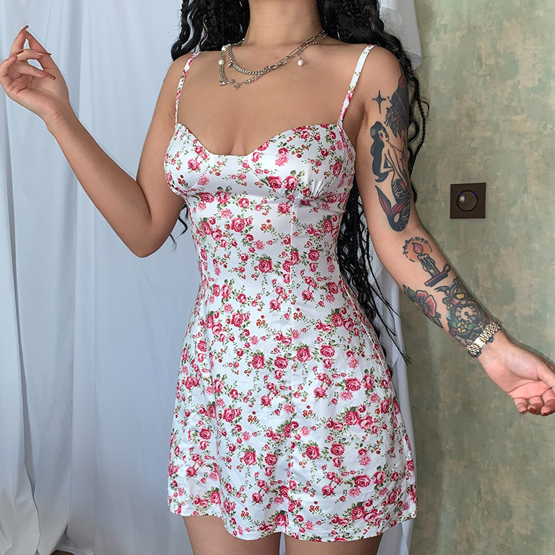 European and American summer hot products new small floral skirt suspender dress