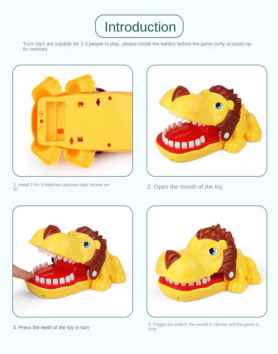 Tricky toys, finger biting, big mouth, crocodile, shark, vicious dog pulling teeth, spoofing pirates, bucket and sword parent-child interaction