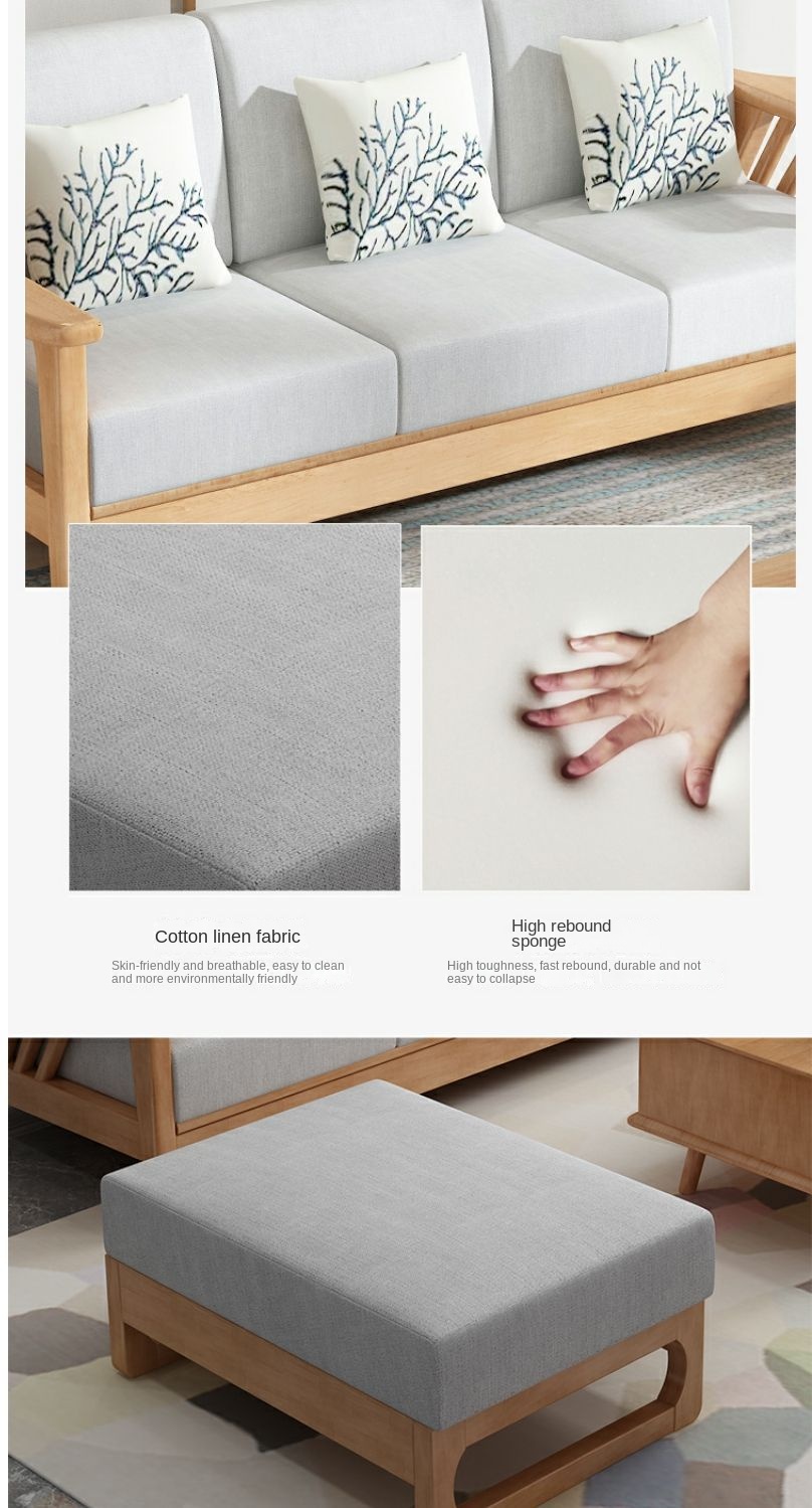Nordic solid wood sofa small apartment new Chinese style lazy fabric comfortable modern minimalist living room furniture combination set