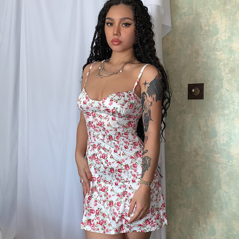 European and American summer hot products new small floral skirt suspender dress