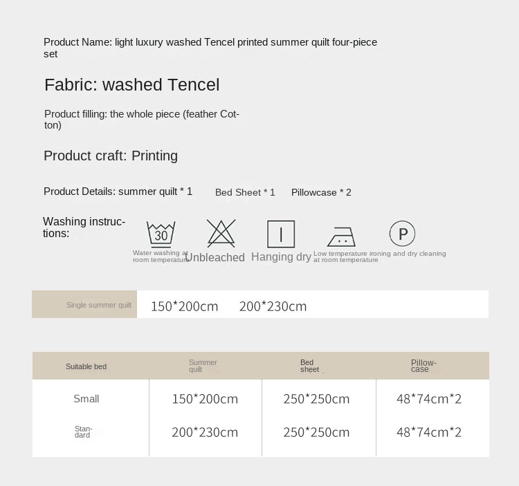New Washed Tencel Summer Quilt Four-piece Set Light Luxury Comfortable