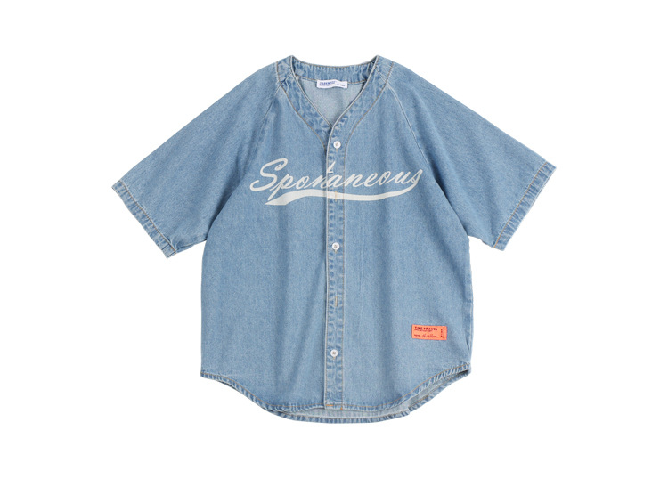 Trendy summer new boys’ short-sleeved denim baseball uniform loose children’s soft denim shirt middle and big children’s thin section