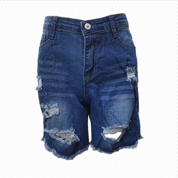 Ladies High Stretch Denim Shorts With Ripped Fringes