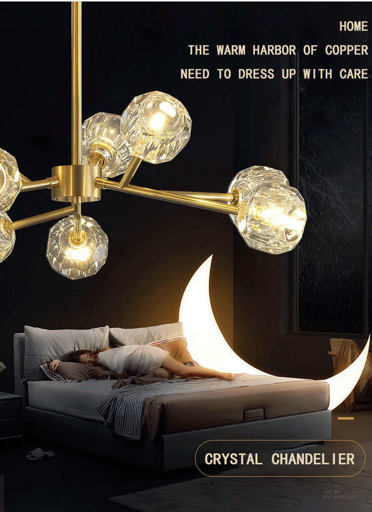 All copper crystal living room chandelier modern light luxury bedroom lamp Internet celebrity restaurant home branch magic bean molecule lamp