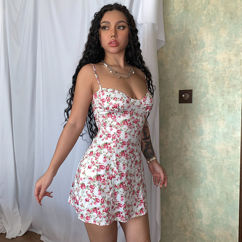 European and American summer hot products new small floral skirt suspender dress
