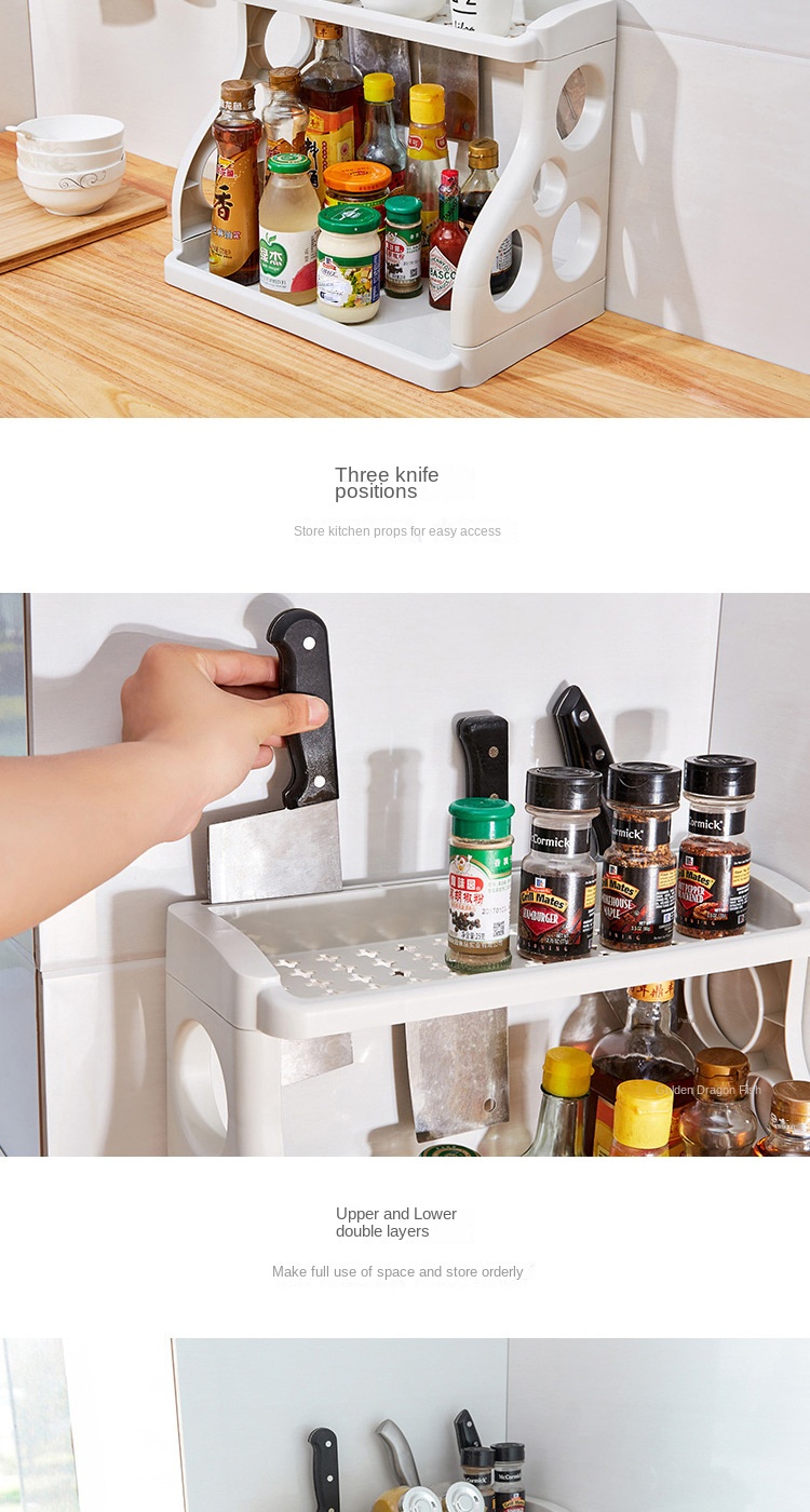 Multi-purpose kitchen rack double-layer plastic floor kitchen seasoning rack detachable porous knife storage rack