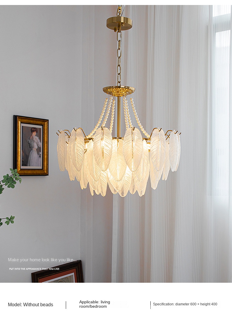 French-style living room chandelier modern light luxury feather glass chandelier American retro dining room bedroom net red LED lamp