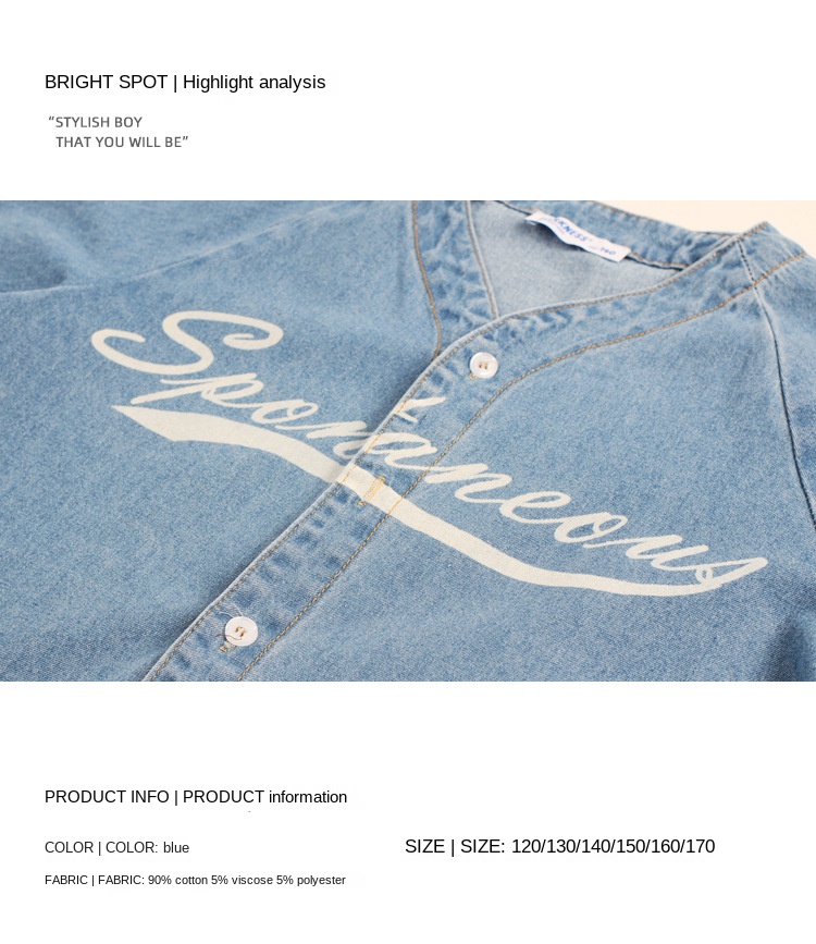 Trendy summer new boys’ short-sleeved denim baseball uniform loose children’s soft denim shirt middle and big children’s thin section