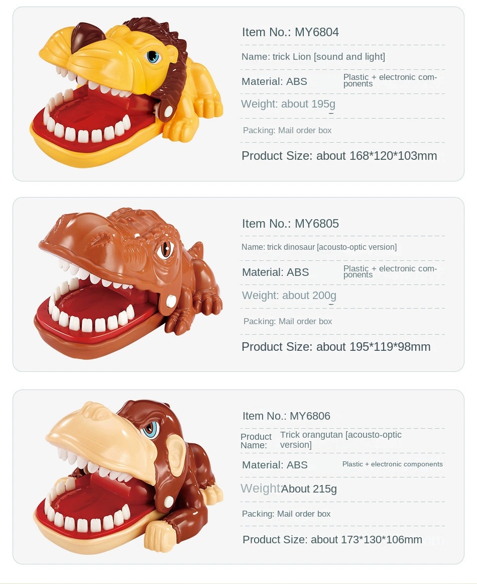 Tricky toys, finger biting, big mouth, crocodile, shark, vicious dog pulling teeth, spoofing pirates, bucket and sword parent-child interaction