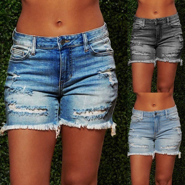 Ladies High Stretch Denim Shorts With Ripped Fringes
