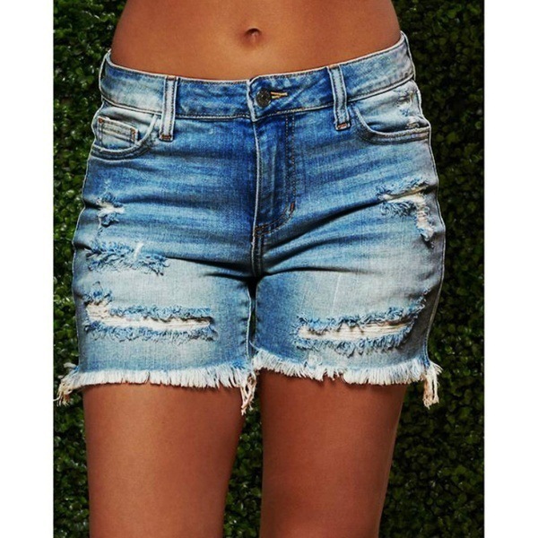 Ladies High Stretch Denim Shorts With Ripped Fringes