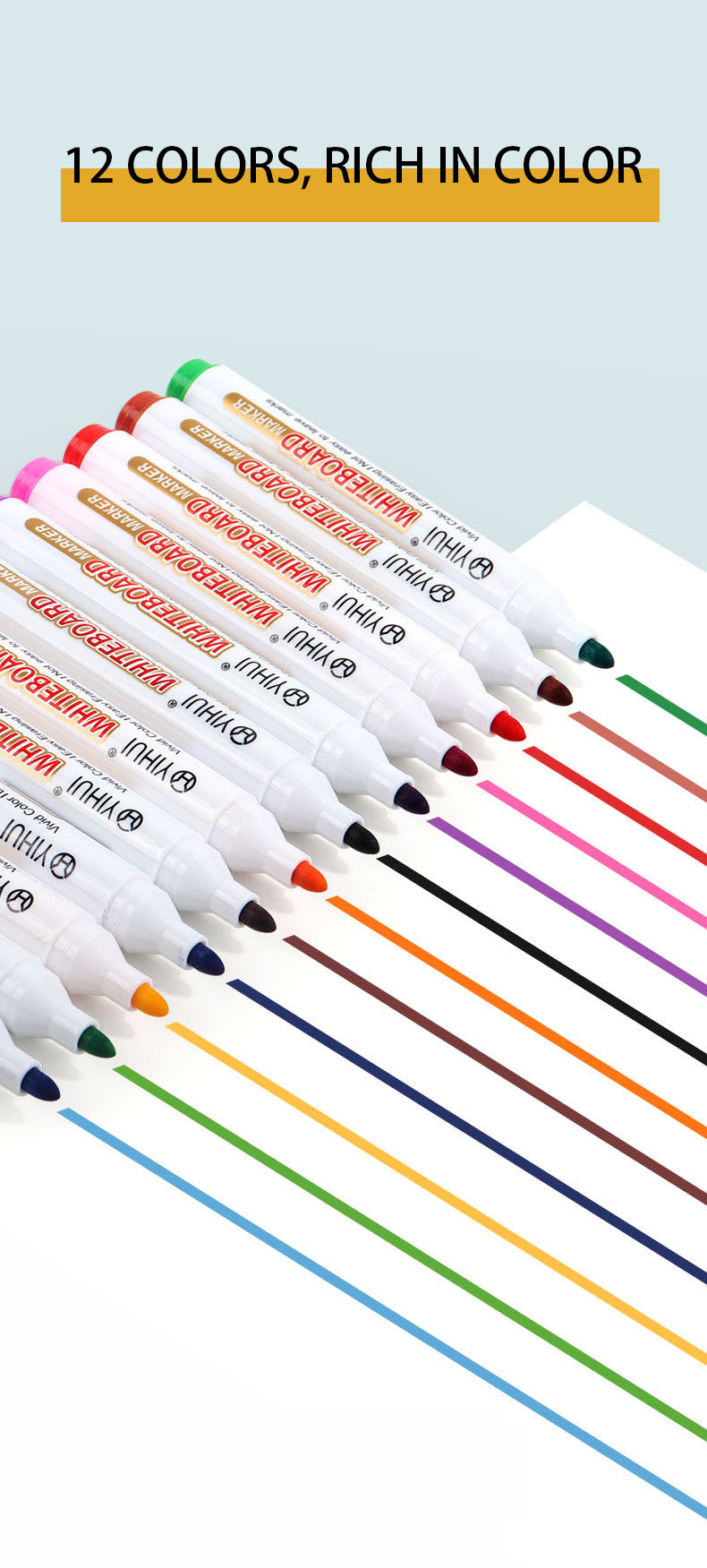 Large-capacity 12-color water-based pen erasable whiteboard pen office writing board thick head message marker pen wholesale