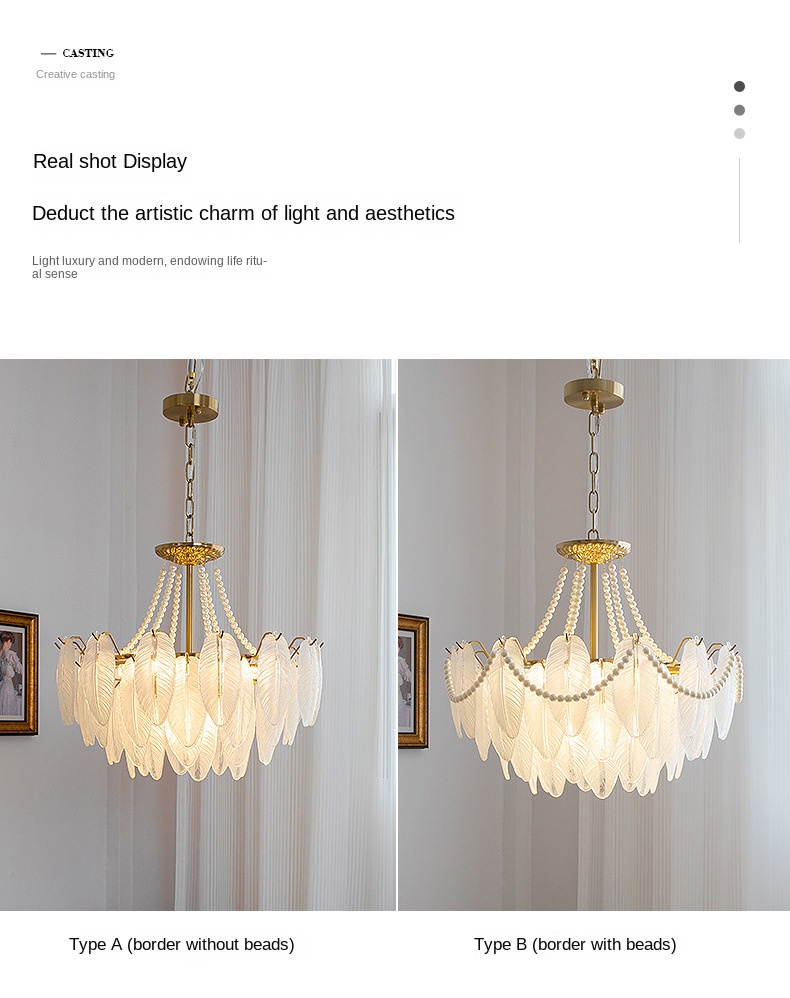 French-style living room chandelier modern light luxury feather glass chandelier American retro dining room bedroom net red LED lamp