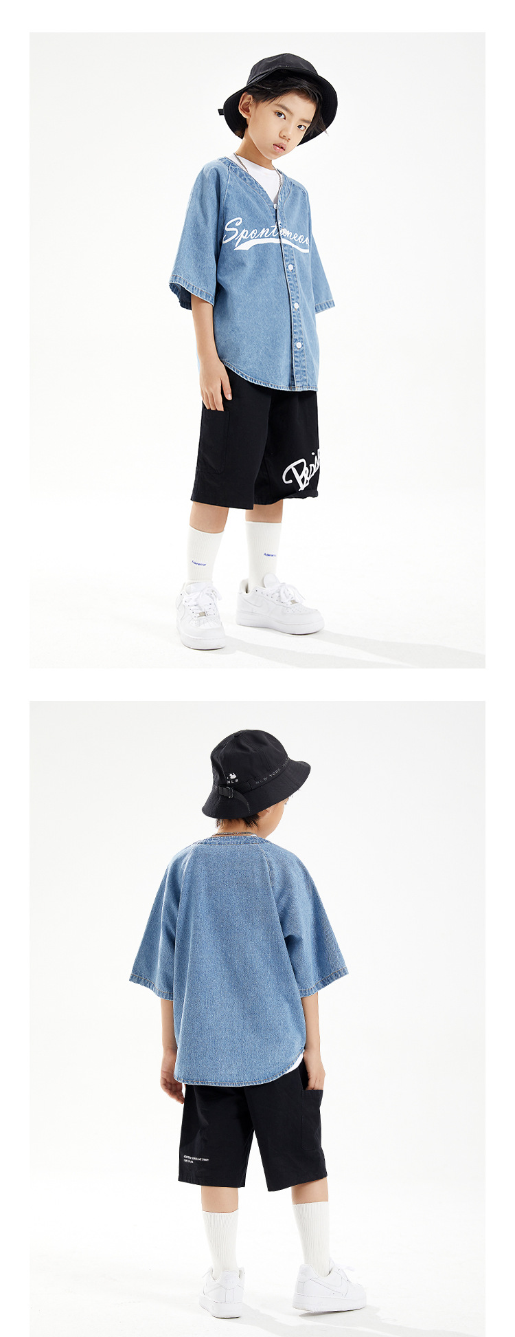 Trendy summer new boys’ short-sleeved denim baseball uniform loose children’s soft denim shirt middle and big children’s thin section