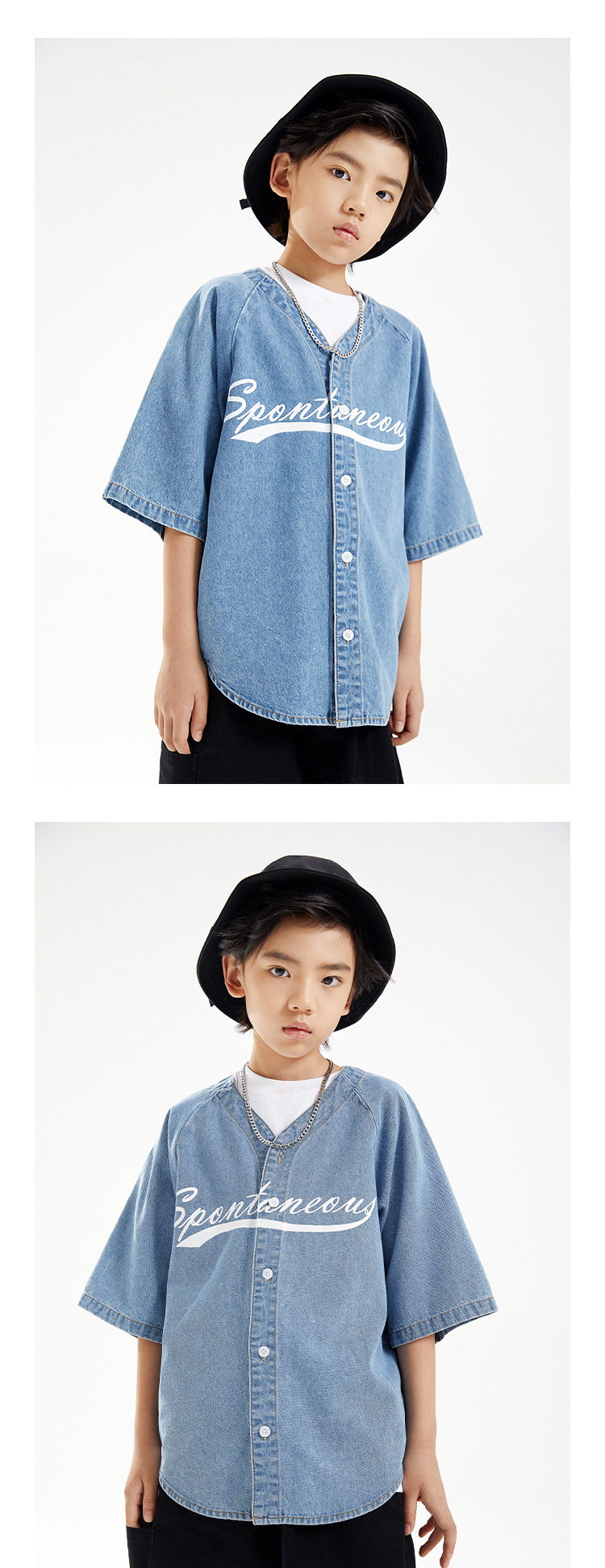Trendy summer new boys’ short-sleeved denim baseball uniform loose children’s soft denim shirt middle and big children’s thin section