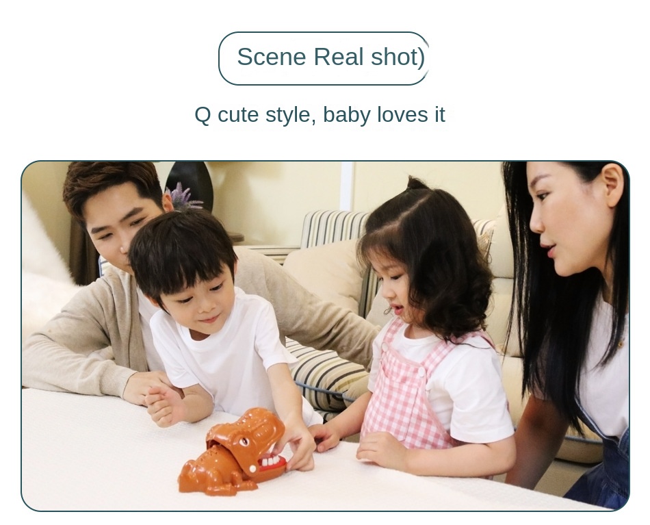 Tricky toys, finger biting, big mouth, crocodile, shark, vicious dog pulling teeth, spoofing pirates, bucket and sword parent-child interaction