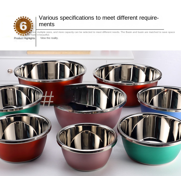 Colored stainless steel basin thickened household seasoning tank washing basin egg-beating basin cooking basin and wash basin color basin wholesale