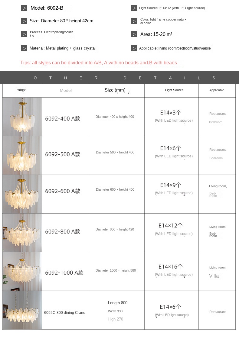 French-style living room chandelier modern light luxury feather glass chandelier American retro dining room bedroom net red LED lamp