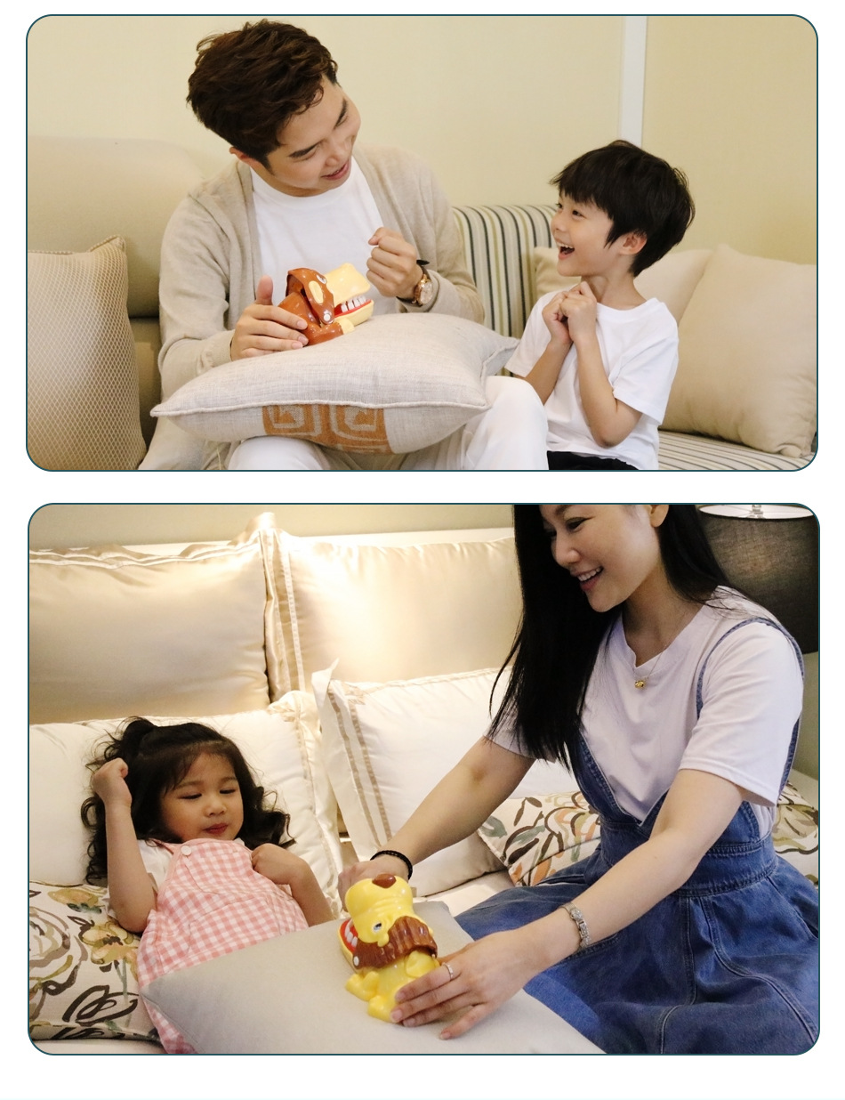 Tricky toys, finger biting, big mouth, crocodile, shark, vicious dog pulling teeth, spoofing pirates, bucket and sword parent-child interaction