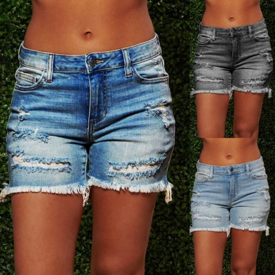 Ladies High Stretch Denim Shorts With Ripped Fringes