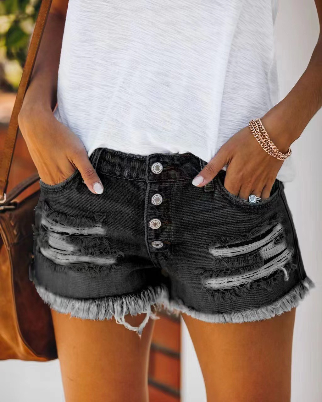 European and American trendy ripped tassel denim shorts straight-breasted women’s hot pants