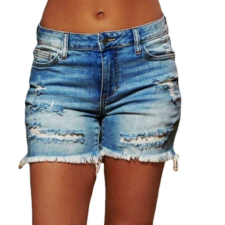 Ladies High Stretch Denim Shorts With Ripped Fringes