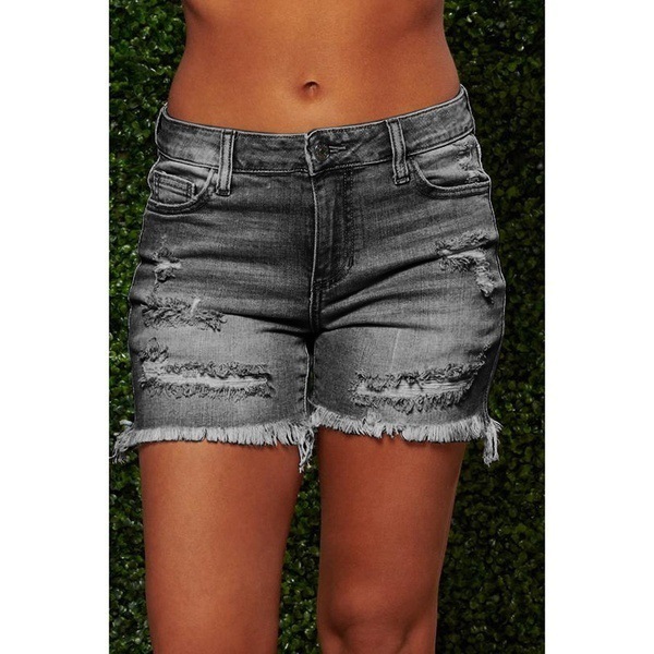 Ladies High Stretch Denim Shorts With Ripped Fringes