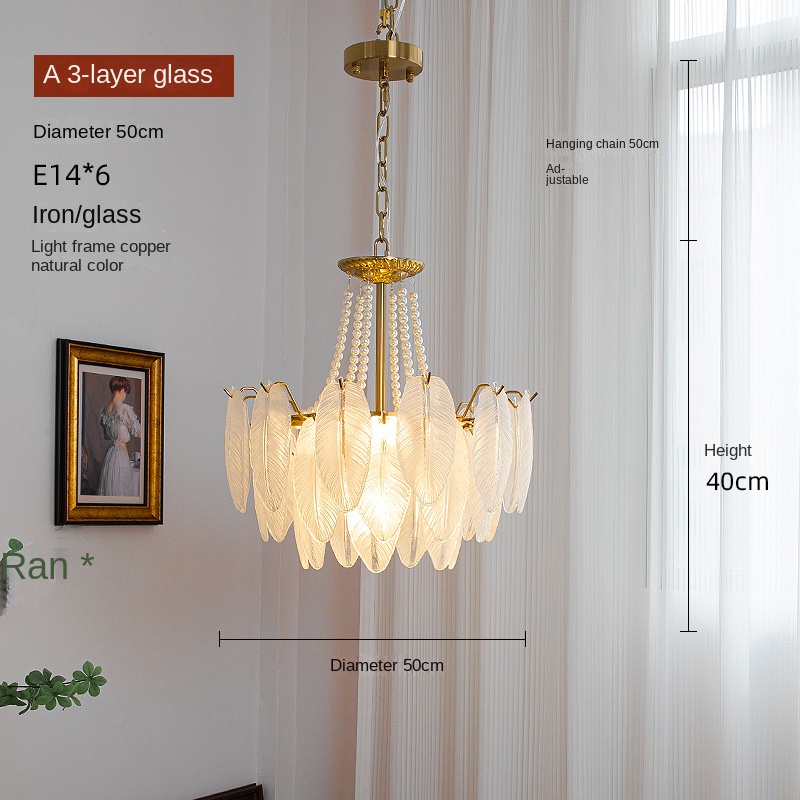 French-style living room chandelier modern light luxury feather glass chandelier American retro dining room bedroom net red LED lamp