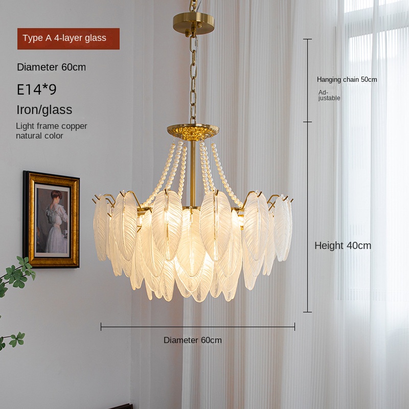 French-style living room chandelier modern light luxury feather glass chandelier American retro dining room bedroom net red LED lamp