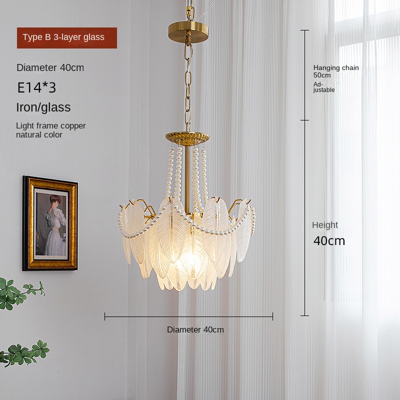 French-style living room chandelier modern light luxury feather glass chandelier American retro dining room bedroom net red LED lamp