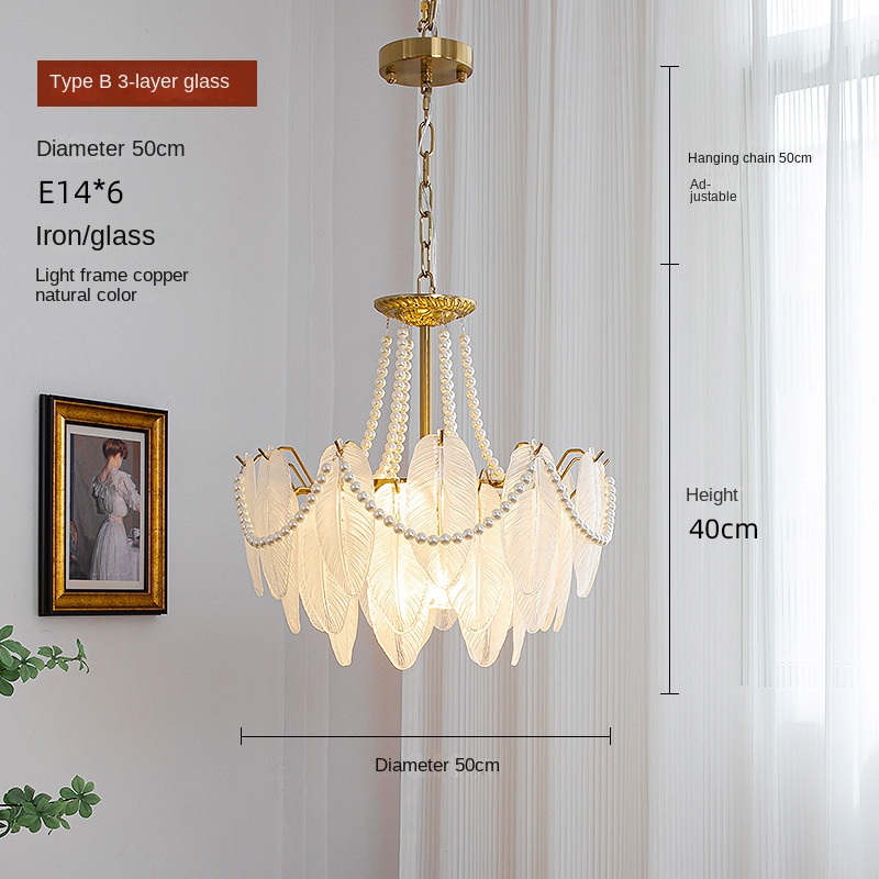 French-style living room chandelier modern light luxury feather glass chandelier American retro dining room bedroom net red LED lamp