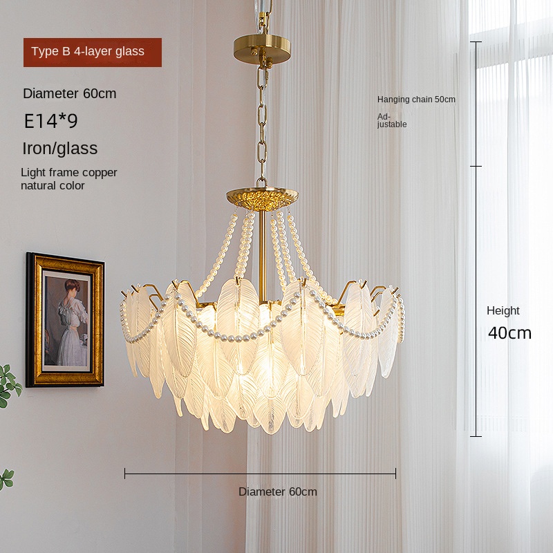 French-style living room chandelier modern light luxury feather glass chandelier American retro dining room bedroom net red LED lamp