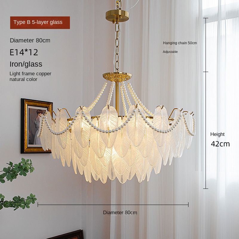 French-style living room chandelier modern light luxury feather glass chandelier American retro dining room bedroom net red LED lamp