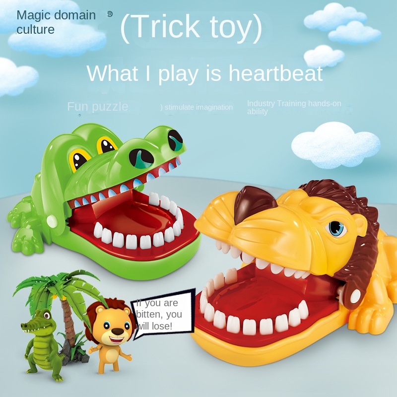 Tricky toys, finger biting, big mouth, crocodile, shark, vicious dog pulling teeth, spoofing pirates, bucket and sword parent-child interaction