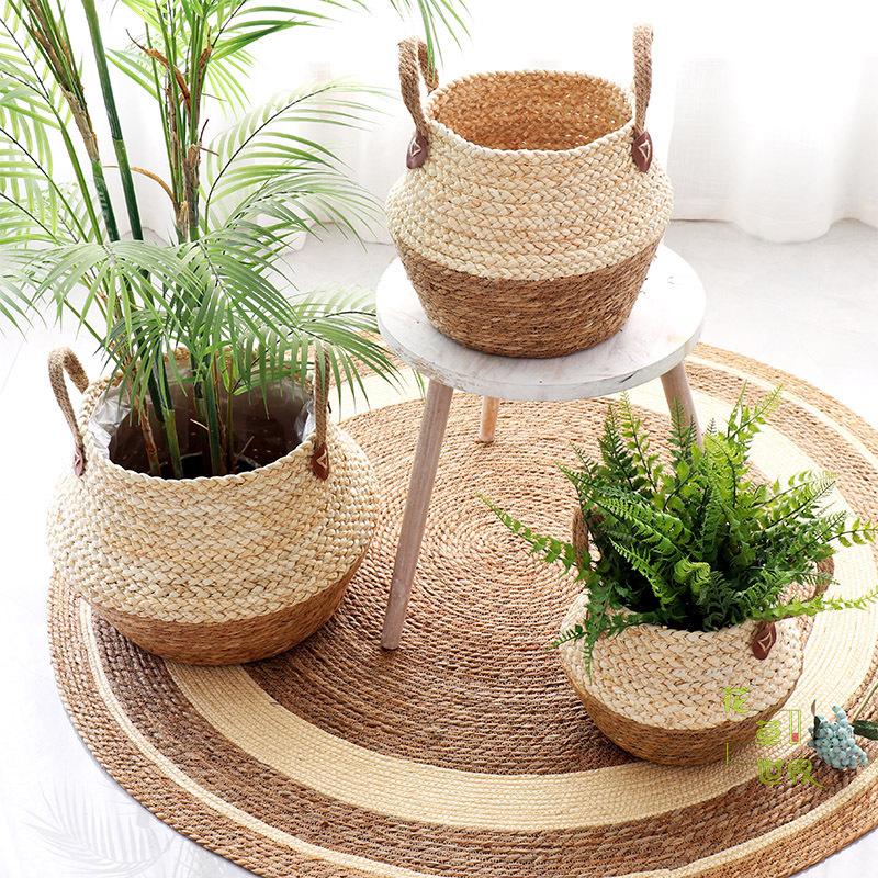 Nordic straw woven rattan decorative flower pot woven flower basket home decoration living room idyllic floor-to-ceiling large flower pot gardening