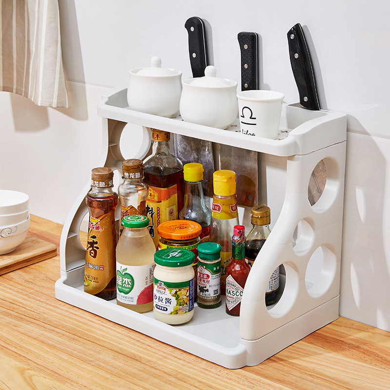 Multi-purpose kitchen rack double-layer plastic floor kitchen seasoning rack detachable porous knife storage rack