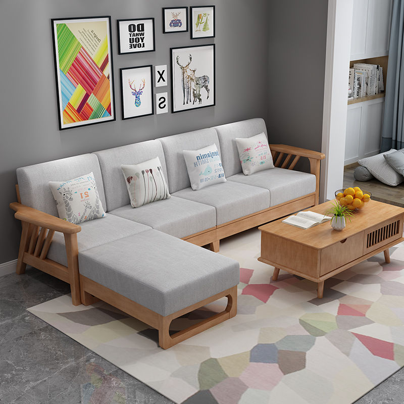 Nordic solid wood sofa small apartment new Chinese style lazy fabric comfortable modern minimalist living room furniture combination set