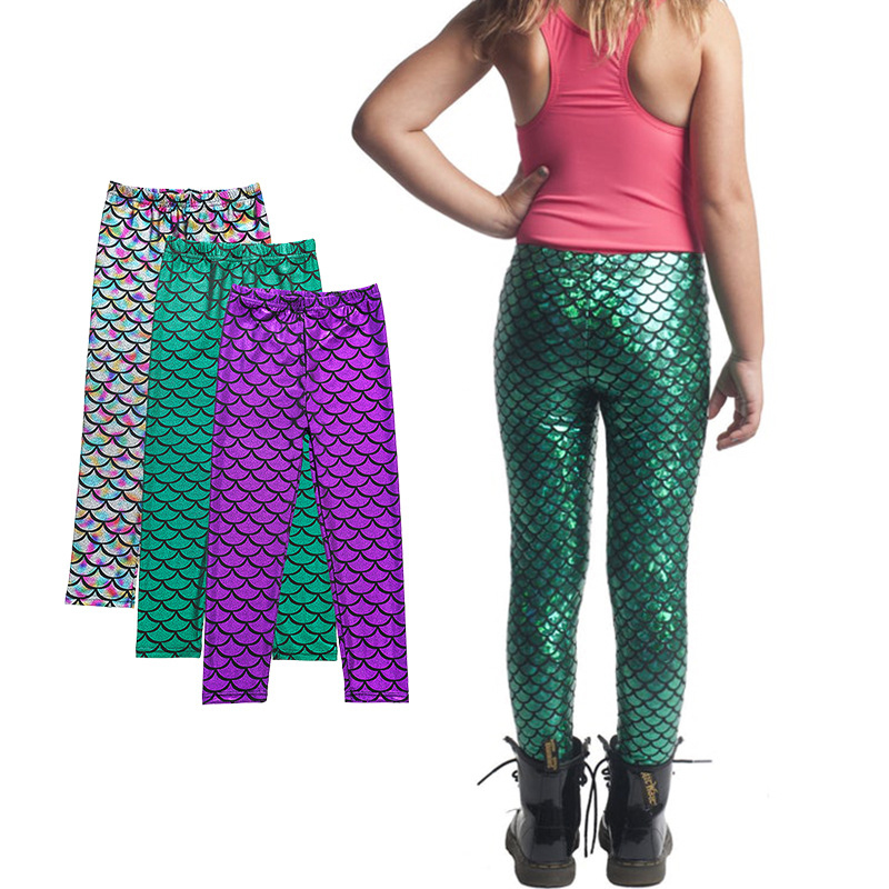 Gymnastics pants spring and autumn European and American girls mermaid tights and thin children’s colored fish scale leggings