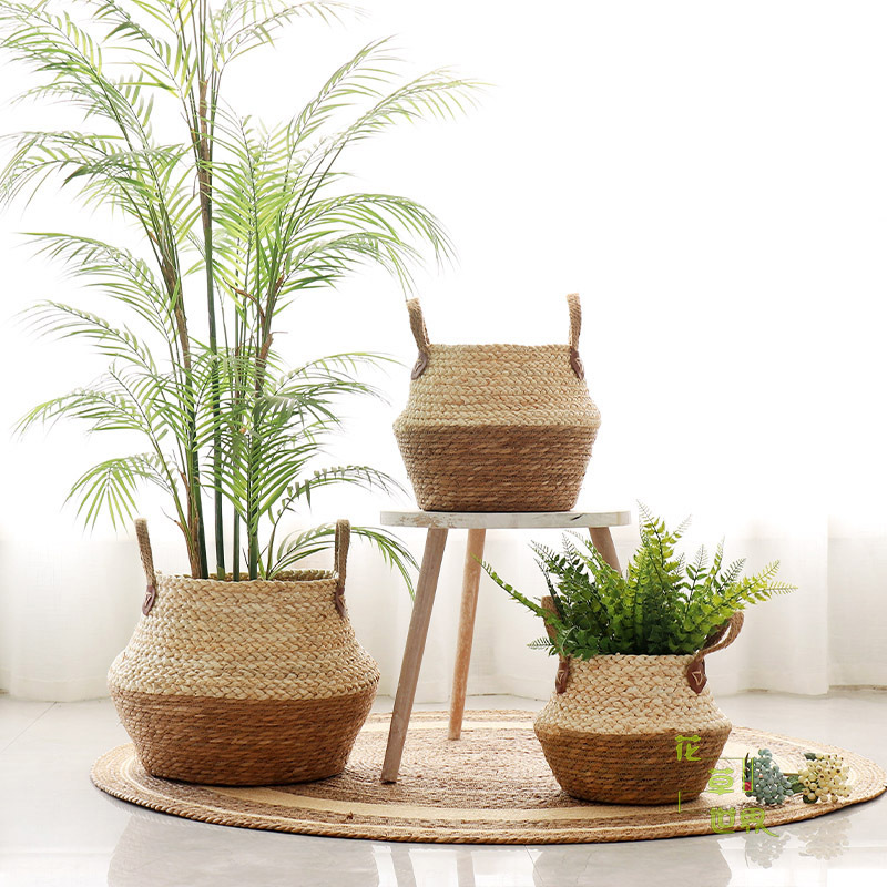 Nordic straw woven rattan decorative flower pot woven flower basket home decoration living room idyllic floor-to-ceiling large flower pot gardening