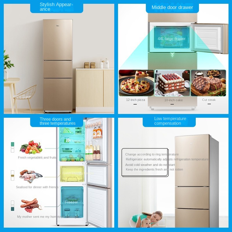 213 liters three-door refrigerator three-temperature low-temperature compensation household refrigerator refrigerated and frozen large-capacity Hualing
