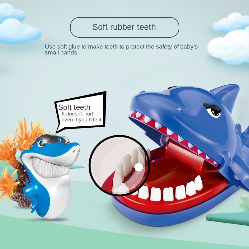 Tricky toys, finger biting, big mouth, crocodile, shark, vicious dog pulling teeth, spoofing pirates, bucket and sword parent-child interaction