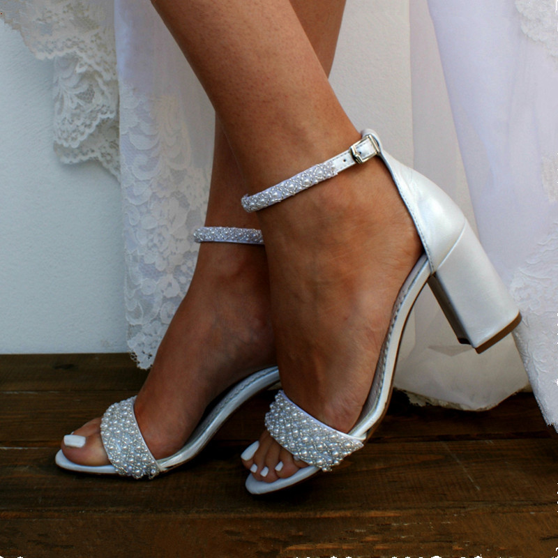 New women’s summer white high-heeled sandals thick-heeled wedding shoes pearl one word with large size shoes 42 43