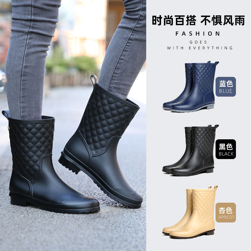 Water shoes manufacturers wholesale rubber shoes non-slip mid-tube lattice women’s fashion rain boots warm and wear-resistant casual adult rain boots