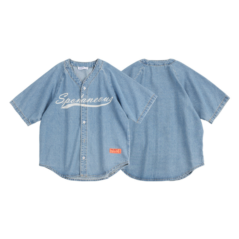 Trendy summer new boys’ short-sleeved denim baseball uniform loose children’s soft denim shirt middle and big children’s thin section